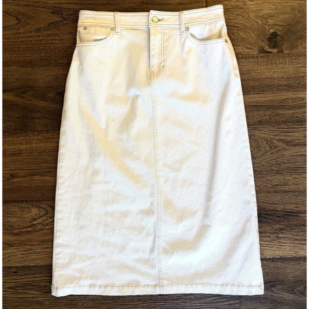 Talbots White Stretch Denim Midi Skirt Size 6 Straight Pencil Back Slit